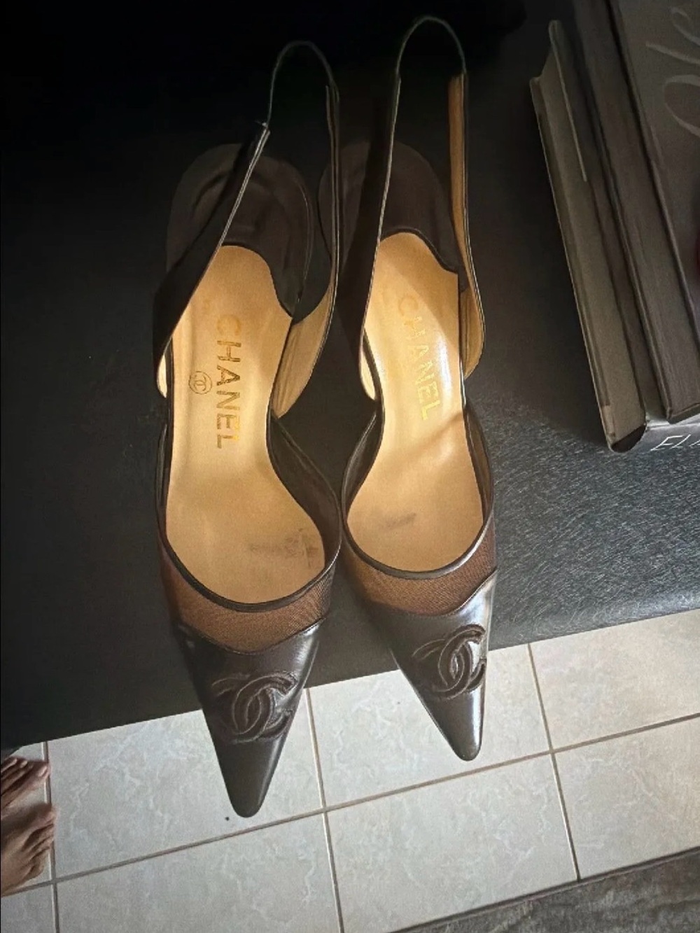CHANEL Two-Tone Brown and Black Pointed-Toe Slingback Pumps